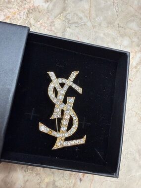 Yves Saint Laurent Gold Crystal Monogram Brooch